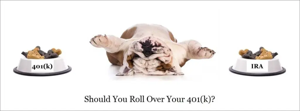 Should You Roll Over Your Old 401k to an IRA? 1 Bulldog on its back, lying between food bowls. One reads "401k" and the other "IRA." Symbolizing question of rolling over 1 401k to an ira.